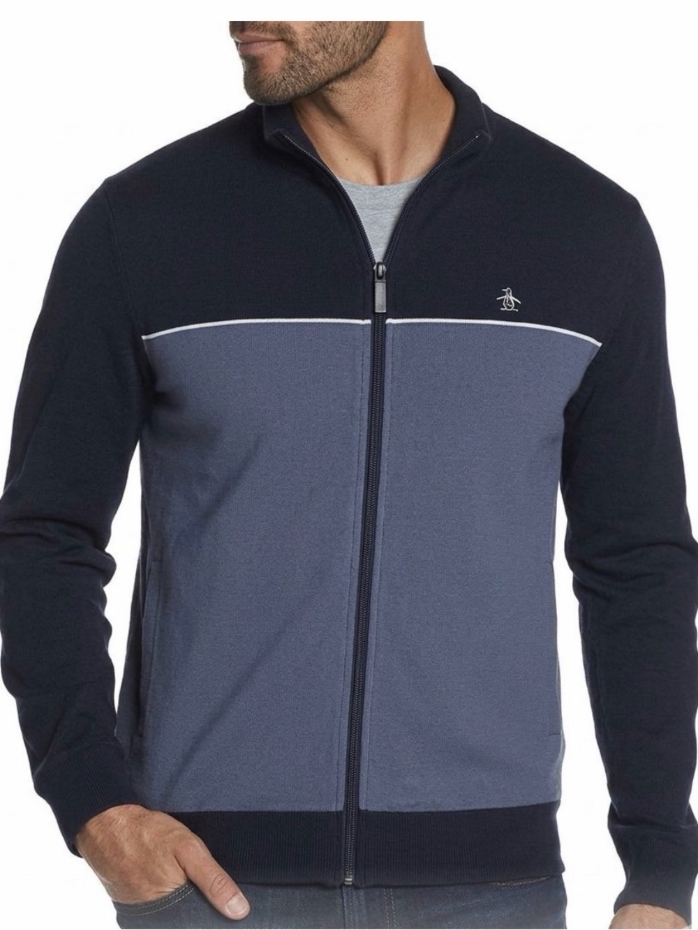 Original Penguin Men’s Zip-Up Colorblock Sweater in Navy and Slate Blue